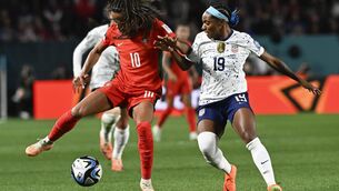 <p>STALEMATE: Portugal's Jessica Silva, left, and United States' Crystal Dunn battle for the ball. (AP Photo/Andrew Cornaga)</p>