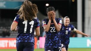 <p>BRACE: Netherlands' Esmee Brugts, center, reacts after scoring. (AP Photo/Alessandra Tarantino)</p>