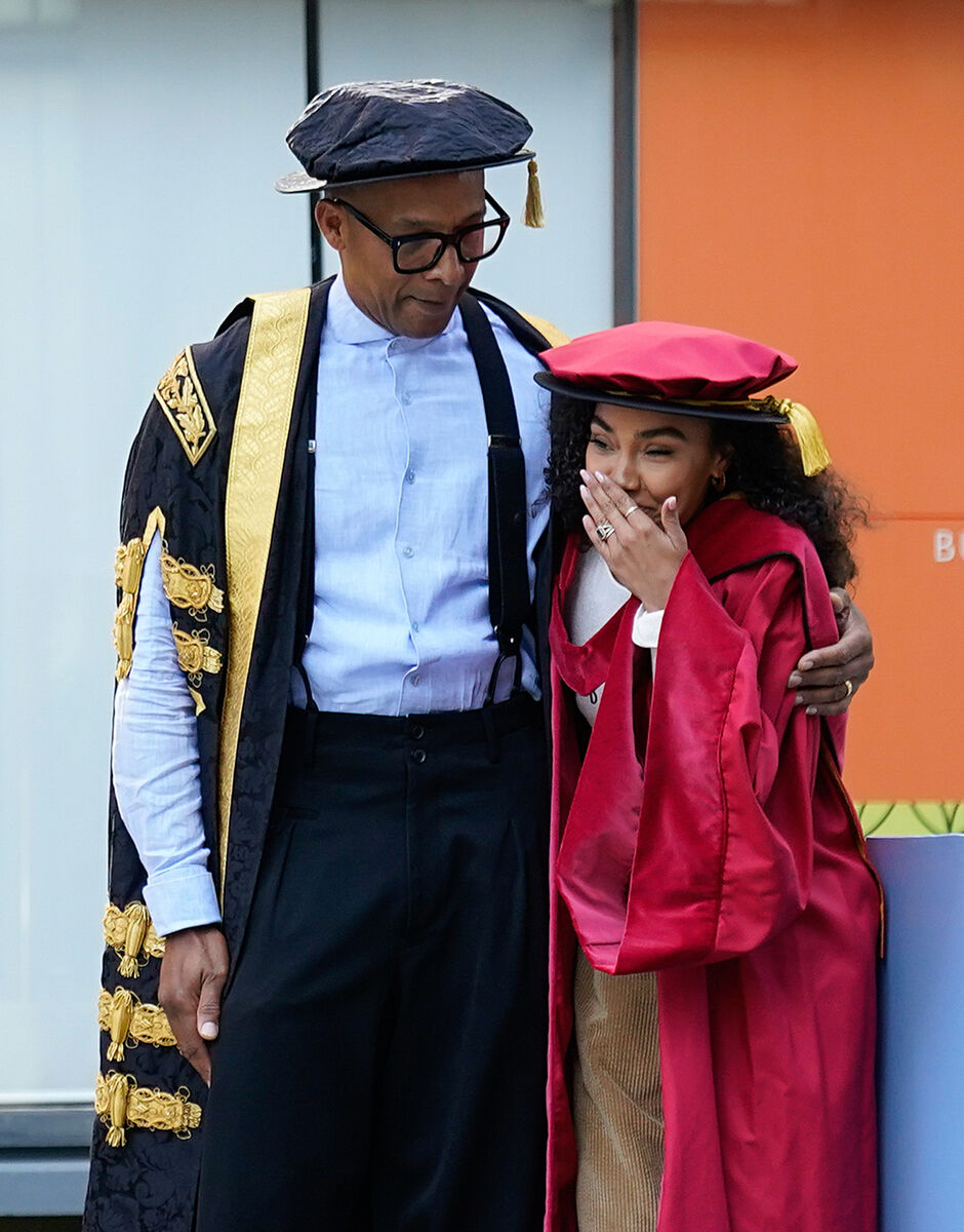 Chancellor of Buckinghamshire New University Jay Blades with Leigh-Anne Pinnock ahead of her receiving an honorary doctorate, at the university, in High Wycombe. 