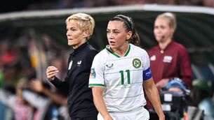 <p>FROSTY FINISH: Katie McCabe of Republic of Ireland and manager Vera Pauw during the FIFA Women's World Cup 2023 Group B match between Republic of Ireland and Nigeria at Brisbane Stadium. Pic: Stephen McCarthy/Sportsfile</p>