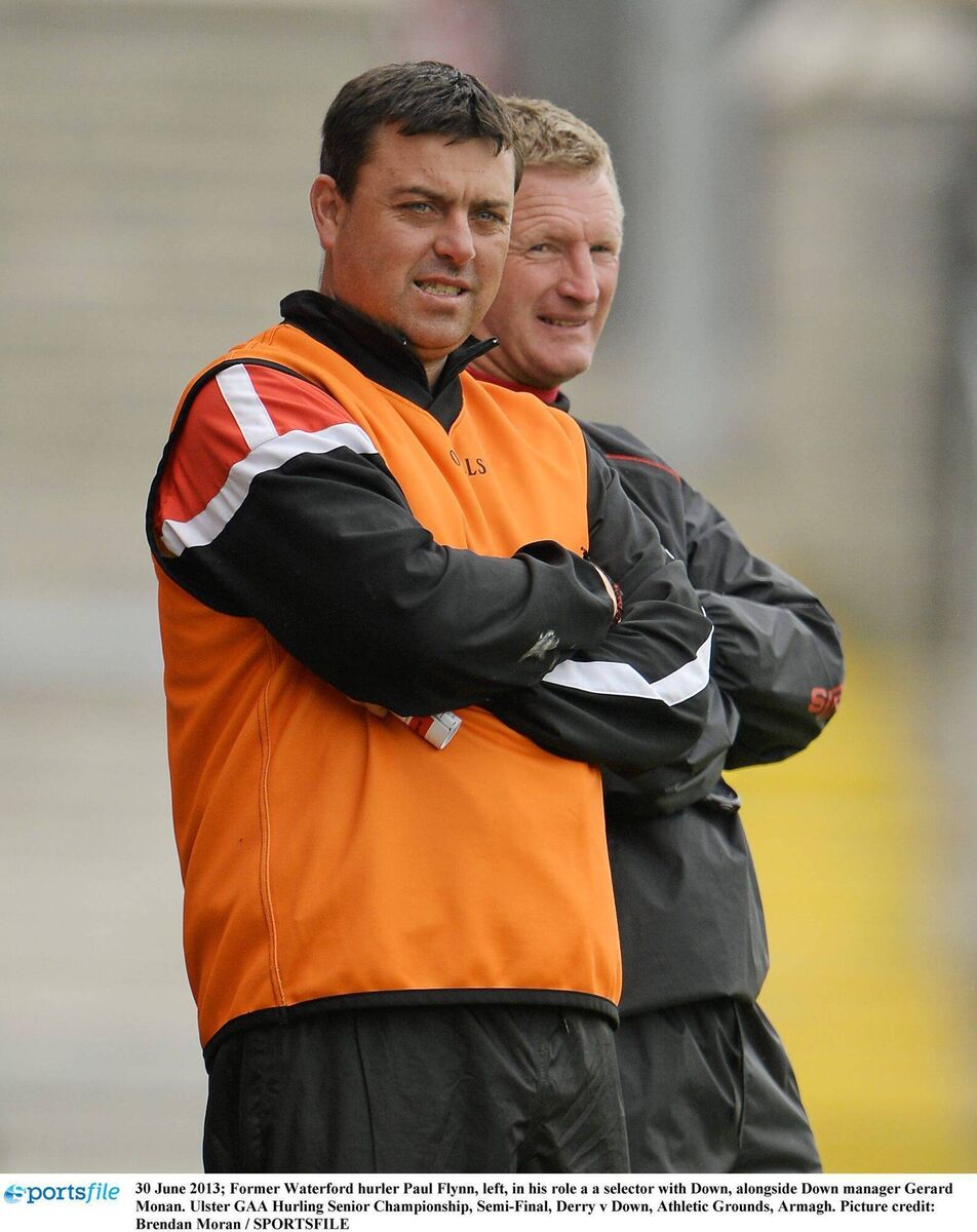 Former Waterford hurler Paul Flynn, left, in his role a selector with Down in 2013. Pic: Brendan Moran / SPORTSFILE Former Waterford hurler Paul Flynn, left, in his role a selector with Down in 2013. Pic: Brendan Moran / SPORTSFILE