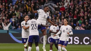 <p>HAT-TRICK HERO: France's Kadidiatou Diani celebrates. Pic: AP Photo/Mark Baker</p>