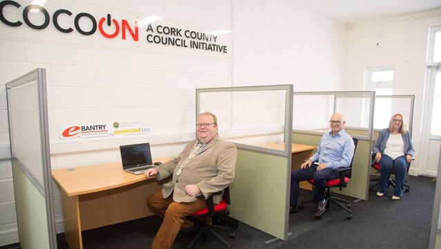 <p>Mayor of the County of Cork, Cllr Danny Collins visits Bantry E-Centre following the completion of upgrade works at the remote working facility which were funded by Cork County Council and the Connected Hubs Grant Scheme. Pictured here with Paul Sutton and Bernie McCarthy, Cork County Council. Photo: Adrian Cronin</p>