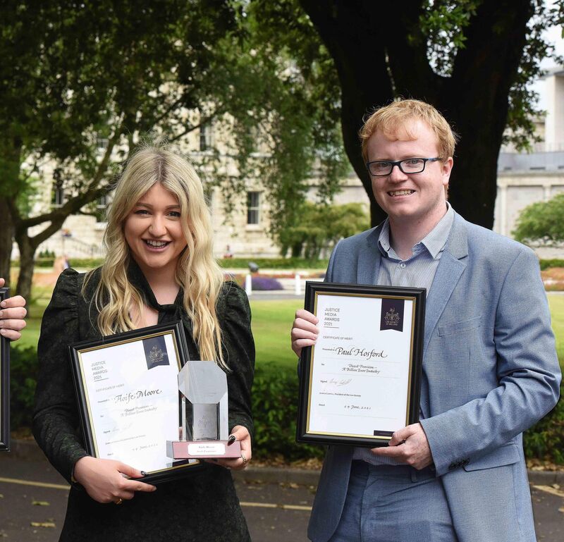 Aoife Moore and Paul Hosford winners of the Justice Media Awards 2021 presented by the Law Society of Ireland. Picture: Moya Nolan Aoife Moore and Paul Hosford winners of the Justice Media Awards 2021 presented by the Law Society of Ireland. Picture: Moya Nolan