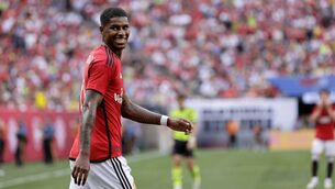 <p>EAST RUTHERFORD, NEW JERSEY - JULY 22: Marcus Rashford #10 of Manchester United during a pre-season friendly match against Arsenal at MetLife Stadium on July 22, 2023 in East Rutherford, New Jersey. Manchester United defeated Arsenal 2-0. (Photo by Rich Schultz/Getty Images)</p>