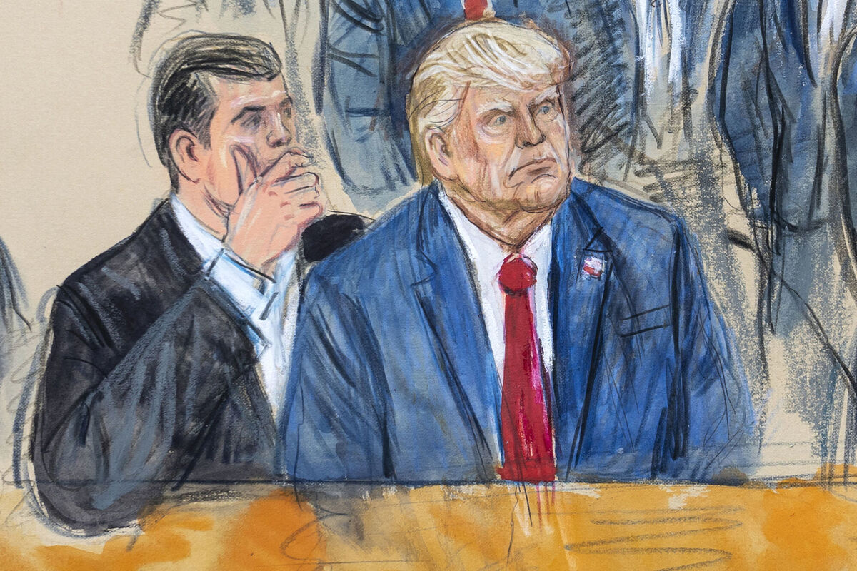 This artist sketch depicts former President Donald Trump, right, conferring with defense lawyer Todd Blanche, left, during his appearance at the Federal Courthouse on Thursday Picture: AP