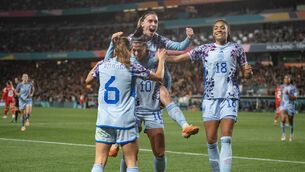 <p>VAMOS: Jennifer Hermoso of Spain celebrates scoing her goal with team mates Eva Navarro, Aitana Bonmati and Salma Paralluelo in Auckland. Picture: Joe Prior/Visionhaus via Getty Images</p>