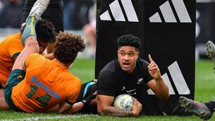 <p>TRY: New Zealand's Leicester Fainga'anuku celebrates after scoring a try in Dunedin</p>