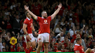 <p>IMPRESSIVE SECOND HALF: Wales' Henry Thomas celebrates at the final whistle after the Summer Nations Series match at the Principality Stadium, Cardiff. </p>