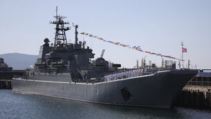 The Olenegorsky Gornyak warship stands moored at a harbour of Novorossiysk, Russia (AP)