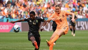 <p>INTO NEXT ROUND: Jill Roord of Netherlands shoots at goal while Tiisetso Makhubela of South Africa attempts to block. Pic: Cameron Spencer/Getty Images</p>