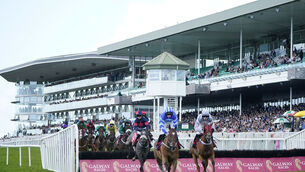 <p>AND THEY'RE OFF: Runners and riders taking part in the Adare Manor Opportunity Handicap Hurdle during day seven of the Galway Races Summer Festival at Galway Racecourse. Photo credit: Niall Carson/PA Wire.</p>
