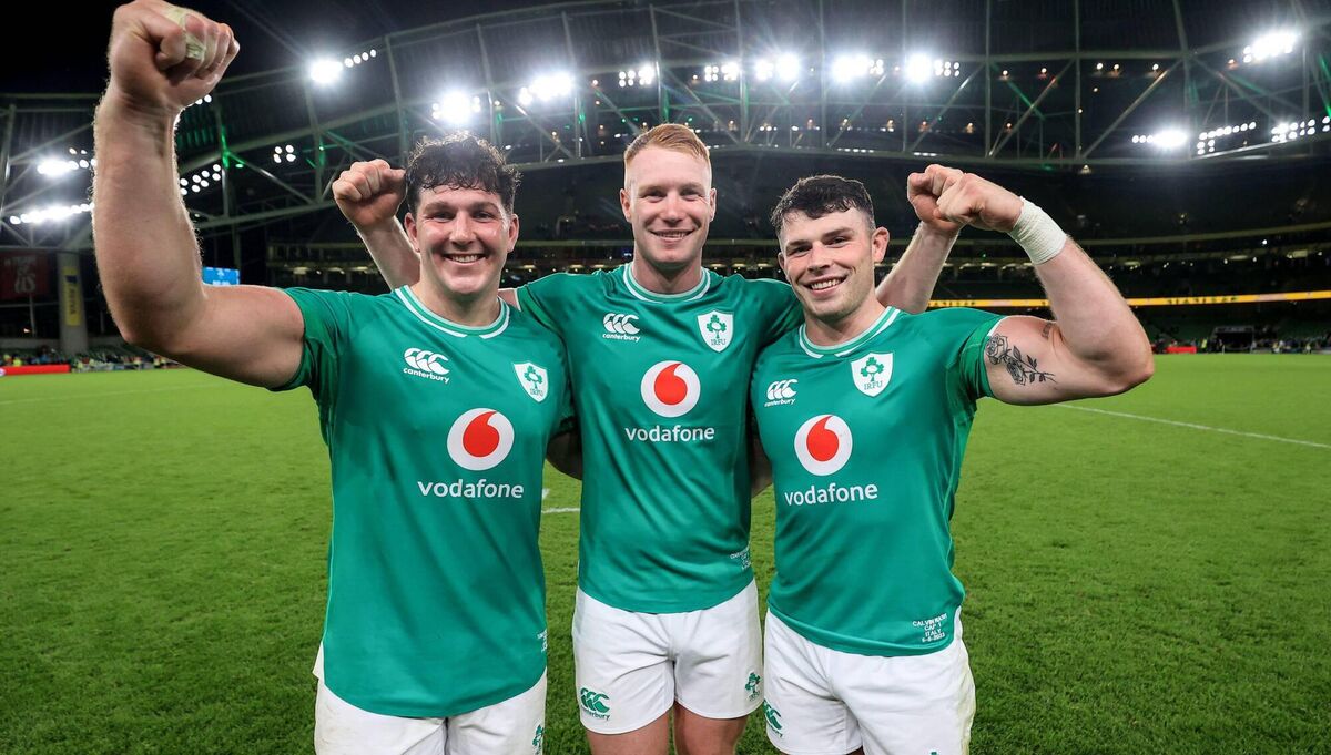 NEWBIES: Ireland's Tom Stewart, Ciaran Frawley and Calvin Nash Pic: Dan Sheridan, Inpho
