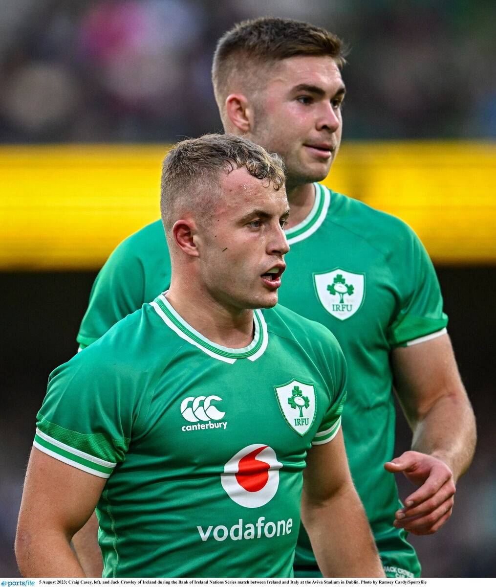 PARTNERSHIP: Craig Casey, left, and Jack Crowley of Ireland during the Bank of Ireland Nations Series match between Ireland and Italy at the Aviva Stadium in Dublin. Pic Ramsey Cardy/Sportsfile