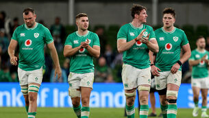 <p>JOB DONE: Ireland's Tadhg Beirne, Jack Crowley, Ryan Baird and Joe McCarthy celebrate after the game. Pic: ©INPHO/Ben Brady</p>