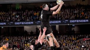 <p>New Zealand's Brodie Retallick takes in the lineout ball in the Rugby Championship 2023 and Bledisloe Cup Test match between Australia and New Zealand at the MCG in Melbourne on July 29, 2023</p>