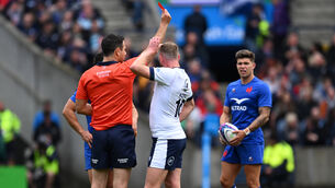 <p>WORLD CUP FATE: Scotland’s Zander Fagerson is shown a red card by Referee Ben O’Keefe</p>
