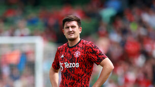 <p>NEW BID: Manchester United's Harry Maguire warming up ahead of the pre-season friendly match at the Aviva Stadium, Dublin. .</p>