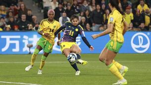 <p>CLINCHER: Colombia's Catalina Usme, centre, scores her side's goal during the Women's World Cup round of 16 soccer match against Jamaica. Pic: AP Photo/Hamish Blair</p>