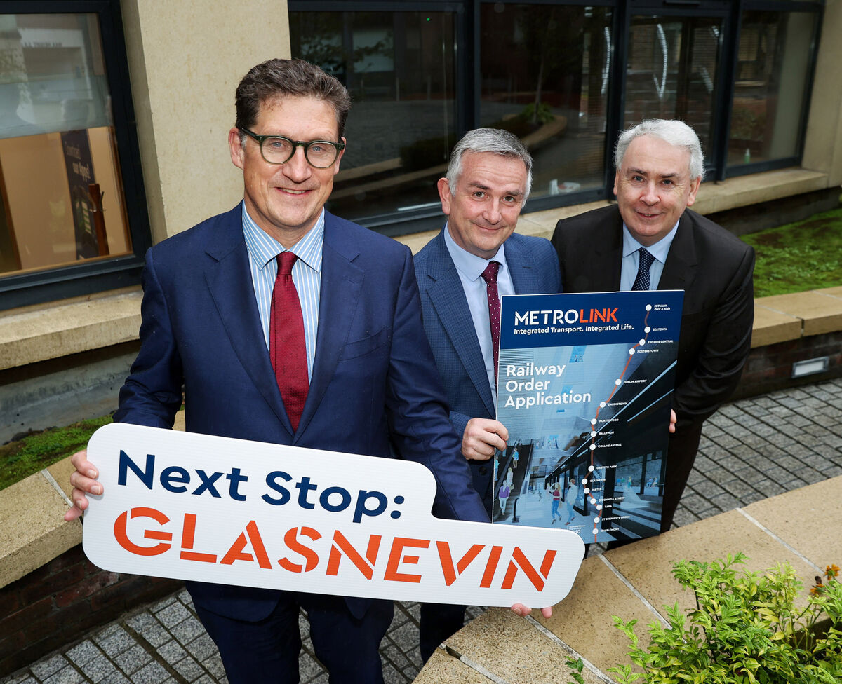 Minister for Transport Eamon Ryan with Aidan Foley (project director for MetroLink, Transport Infrastructure Ireland) and Hugh Creegan (Deputy CEO of the National Transport Authority), on the submission of a planning application from Transport Infrastructure Ireland (TII) to An Bord Pleanála for the rail route.  But the project remains in its planning stages. Picture:  MAXWELLS