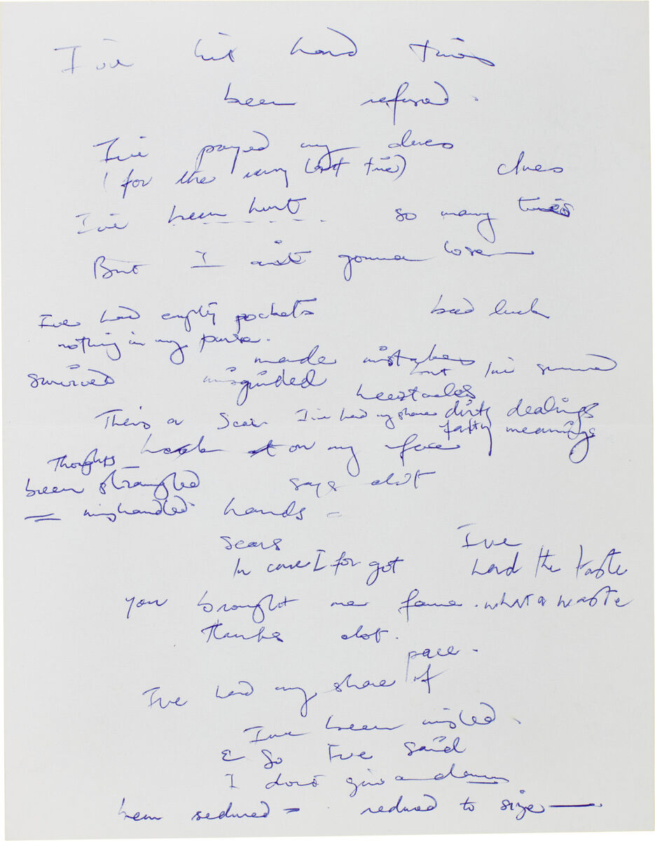 A handwritten manuscript working lyrics to We are the Champions. A handwritten manuscript working lyrics to We are the Champions.