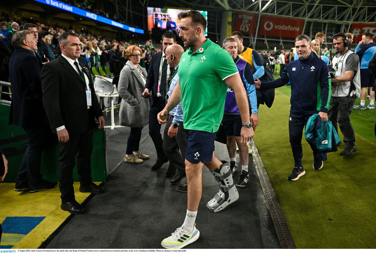 INJURY WORRY: Jack Conan of Ireland leaves the pitch after the Bank of Ireland Nations Series match between Ireland and Italy at the Aviva Stadium in Dublin. Pic: Ramsey Cardy/Sportsfile INJURY WORRY: Jack Conan of Ireland leaves the pitch after the Bank of Ireland Nations Series match between Ireland and Italy at the Aviva Stadium in Dublin. Pic: Ramsey Cardy/Sportsfile