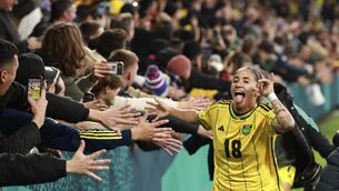 <p>WORLD CUP: Colombia's Carolina Arias, wearing the jersey of Jamaica's Trudi Carter celebrates. AP Photo/Hamish Blair.</p>