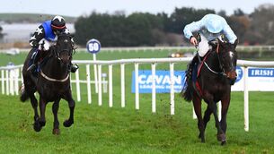 <p>Halka Du Tabert and Jamie Codd (right) win the Irish Stallion Farms EBF Mares Flat Race from Coole Cherry (left) at  Naas last November.</p>