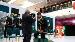 <p>South Africa's lock Jean Kleyn (C) receives a cap from Mark Alexander (C-L), South African Rugby Union (SARU) president, (C-L) during the South Africa Rugby World Cup squad announcement in Johannesburg on August 8, 2023. Pic: PHILL MAGAKOE/AFP via Getty Images</p>