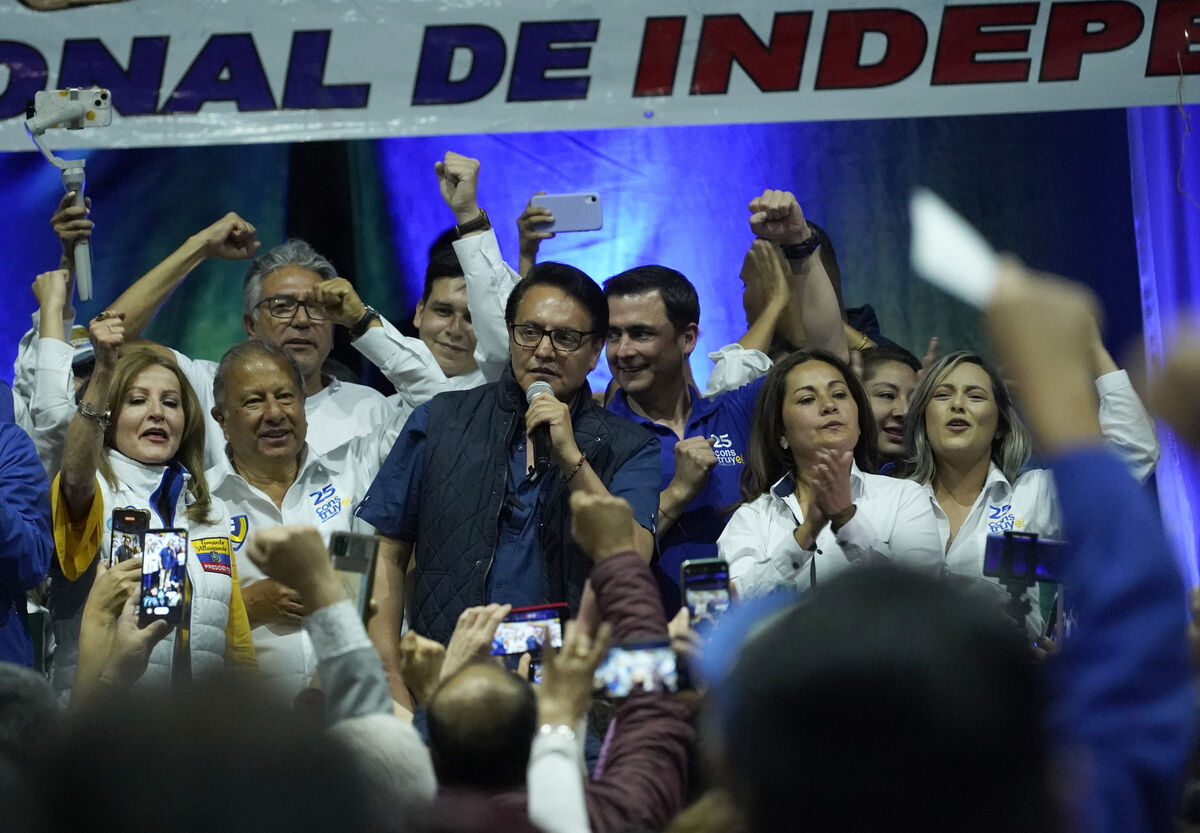 Fernando Villavicencio speaks during a campaign event at a school minutes before he was shot to death outside the same school in Quito, Ecuador. Picture: AP