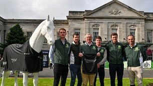 <p>AGA KHAN TEAM: Aga Khan squad photocall are, Horse Sport Ireland Show Jumping High Performance director Michael Blake, third from left, and Aga Khan riders, from left, Daniel Coyle, Shane Sweetnam, Michael Pender, Michael Duffy and Cian O'Connor at the RDS in Dublin. Pic:  Sam Barnes/Sportsfile</p>