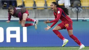 <p>Spain's Salma Paralluelo celebrates after scoring her team's second goal during extra time play at the Women's World Cup quarterfinal soccer match between Spain and the Netherlands in Wellington, New Zealand, Friday, Aug. 11, 2023. (AP Photo/Alessandra Tarantino)</p>