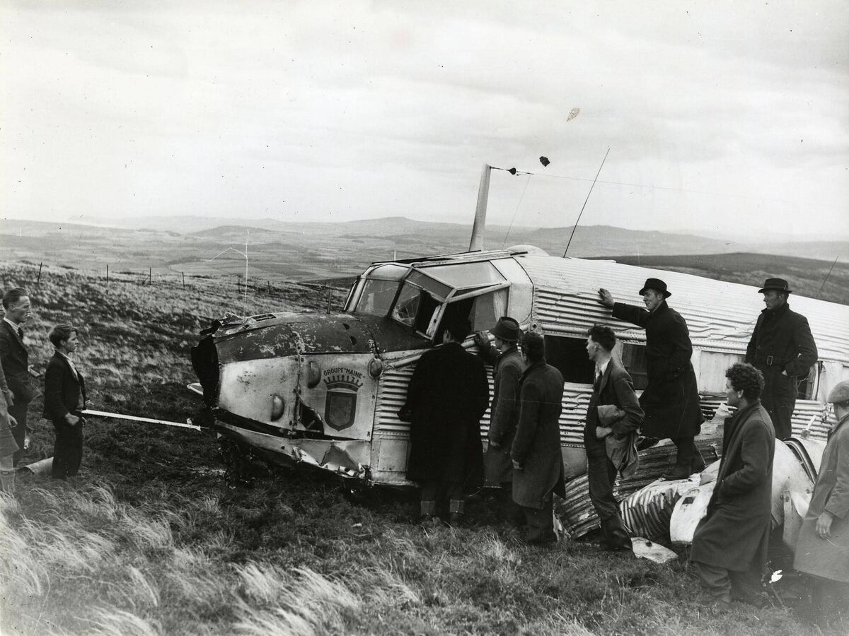 The wreckage of the plane in Wicklow in 1946 where the 21 French girl guides were found suffering from serious head injuries, broken limbs to shock. The wreckage of the plane in Wicklow in 1946 where the 21 French girl guides were found suffering from serious head injuries, broken limbs to shock.