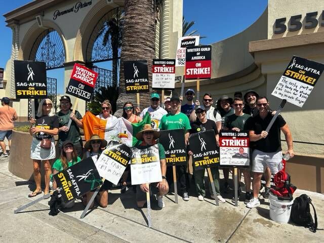 Irish actors and writers picket outside Paramount studios.