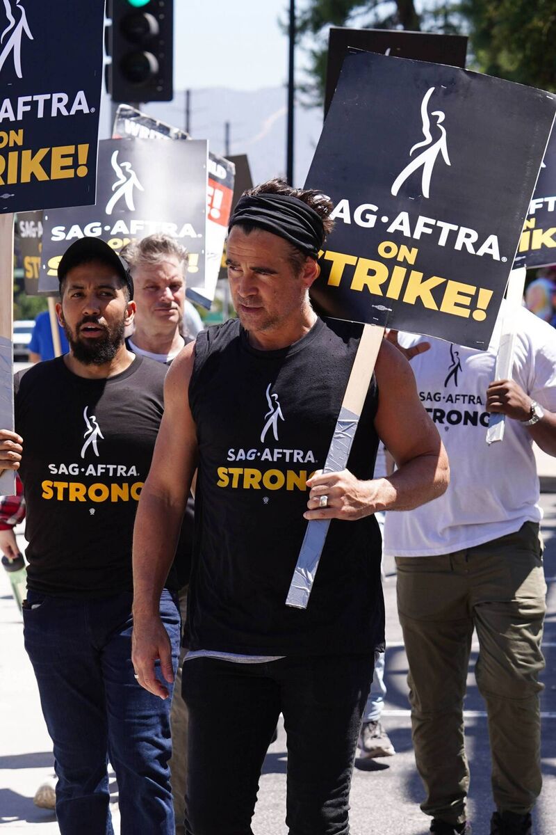 Neil Brown Jr, Shea Whigham and Colin Farrell walk the picket line in support of the SAG-AFTRA and WGA strike on July 26 in Los Angeles, California. Photo: Hollywood To You/Star Max/GC Images