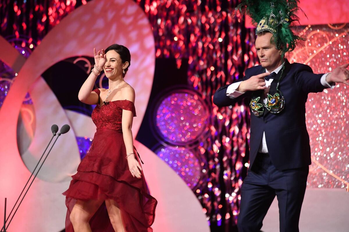 Sydney Rose Brianna Parkins teaches Daithí Ó Sé to samba dance onstage in the Festival Dome during the 2018 Rose of Tralee. Pic: Domnick Walsh.