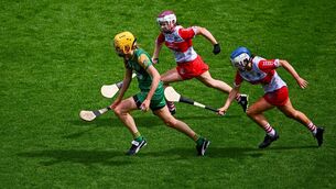 <p>ON THE BURST: Aoife Minogue of Meath gets away from Rachel McAllister and Áine McAllister, right, of Derry during the drawn All-Ireland Camogie Intermediate final at Croke Park. Pic: Piaras Ó Mídheach/Sportsfile</p>
