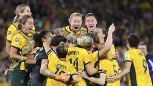 <p>G'DAY: Australia players celebrate after winning the Women's World Cup quarterfinal. (AP Photo/Tertius Pickard)</p>