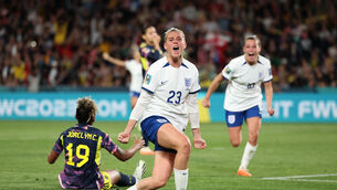<p>Alessia Russo celebrates the winning goal for England (Isabel Infantes/PA)</p>