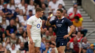 <p>Owen Farrell was shown a yellow card by referee Nika Amashukeli that was later upgraded to red (Joe Giddens/PA)</p>
