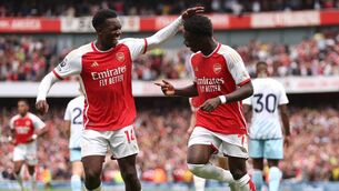 <p>GOAL HEROES: Bukayo Saka of Arsenal celebrates after scoring the team's second goal with team mate Eddie Nketiah of Arsenal during the Premier League match between Arsenal FC and Nottingham Forest at Emirates Stadium on August 12, 2023 in London, England. (Photo by Julian Finney/Getty Images)</p>