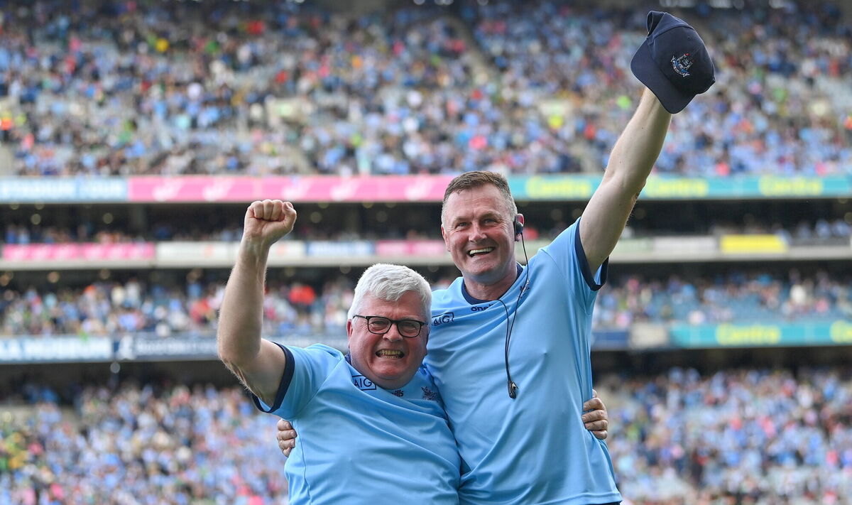 Dublin manager Mick Bohan, right, and analyst Frankie Reobuck celebrate after their side's victory in the 2023 TG4 LGFA All-Ireland Senior Championship Final match between Dublin and Kerry at Croke Park in Dublin. Photo by Seb Daly/Sportsfile Dublin manager Mick Bohan, right, and analyst Frankie Reobuck celebrate after their side's victory in the 2023 TG4 LGFA All-Ireland Senior Championship Final match between Dublin and Kerry at Croke Park in Dublin. Photo by Seb Daly/Sportsfile