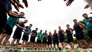 <p>HAPPY CAMP: The Ireland team huddle during their training camp in Faro, Portugal. Pic: INPHO/Dan Sheridan</p>