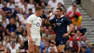 <p>POTENTIAL BAN: England's Owen Farrell is shown a yellow card by referee Nika Amashukeli during the Summer Nations Series match at Twickenham. Pic: PA</p>