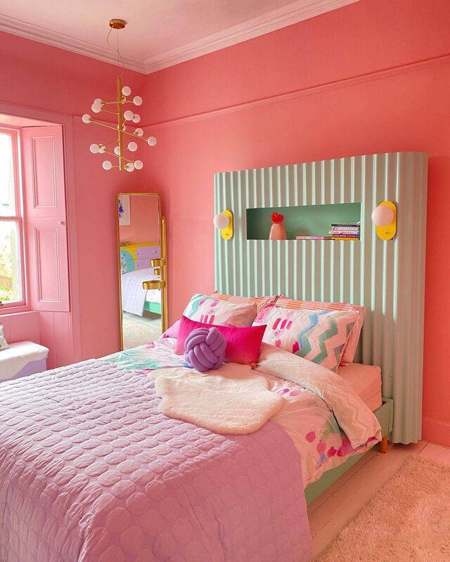 Jay Jennings is devoted to super-strength pastel colours in her Orkney home, as seen in this pink-themed bedroom.