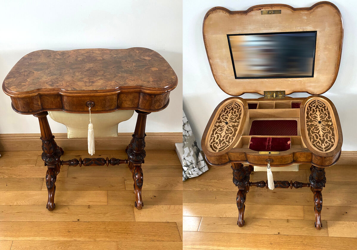 A decorative 19th-century walnut work/dressing table at Hegarty's in Bandon. A decorative 19th-century walnut work/dressing table at Hegarty's in Bandon.