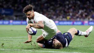 <p>BIG LOSS: France's Romain Ntamack scores a try despite Kyle Steyn of Scotland before going off injured later in that game. Pic: INPHO/Laszlo Geczo</p>