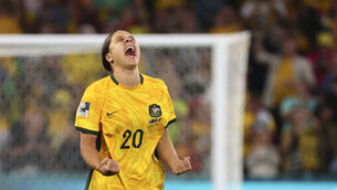 <p>QUEST: Australia's Sam Kerr celebrates after scoring during a penalty shootout during the Women's World Cup quarterfinal soccer match between Australia and France. Pic: AP Photo/Tertius Pickard</p>