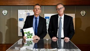 <p>Jonathan Hill, left, and Roy Barrett during the FAI Strategy 2022-2025 media briefing at the FAI Headquarters in Abbotstown. Pic: Harry Murphy/Sportsfile</p>