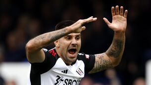 <p>Fulham's Aleksandar Mitrovic appeals for a handball during the Premier League match at Goodison Park. Photo credit: Richard Sellers/PA Wire.</p>